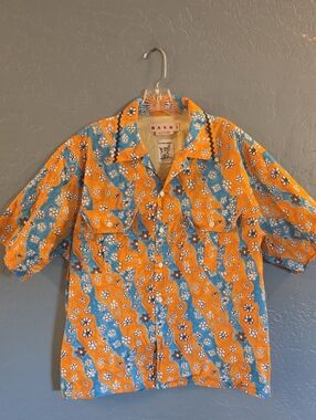 Designer Marni Orange and Blue Floral Short-Sleeve Button-Down Shirt